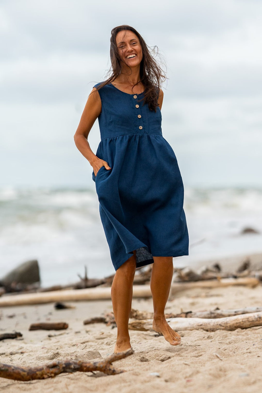 Model In Beach Wears Linen Sleeveless Dress Barbara In Midnight Blue Color - Daily Linen