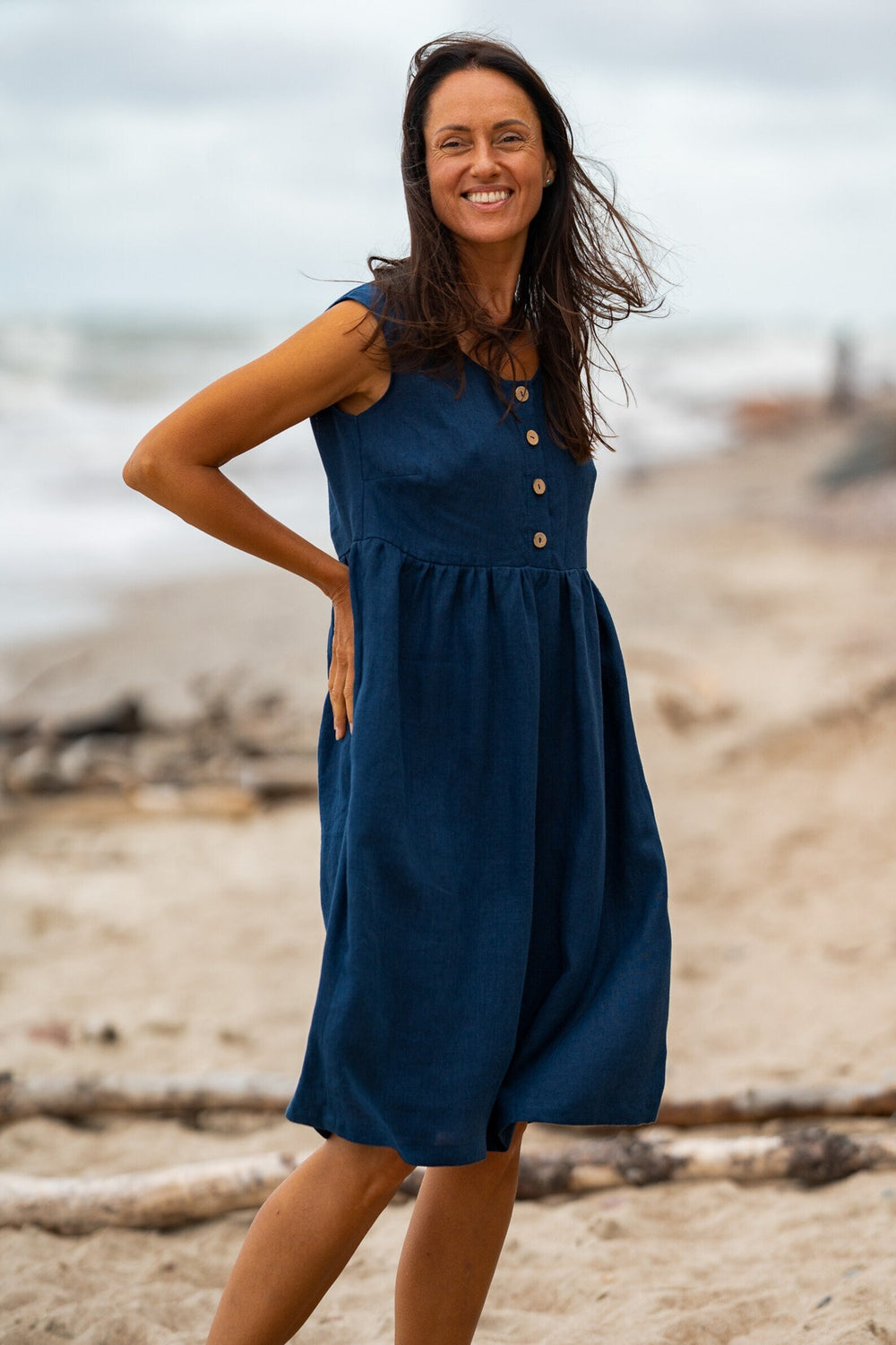 Model In Beach Wears Linen Sleeveless Dress Barbara In Midnight Blue Color 1 - Daily Linen