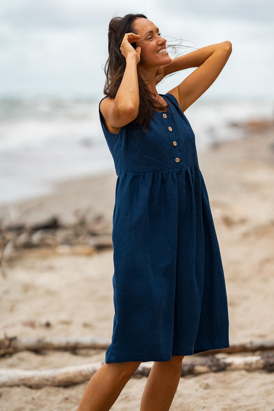 Model In Beach Wears Linen Sleeveless Dress Barbara In Midnight Blue Color 2 - Daily Linen