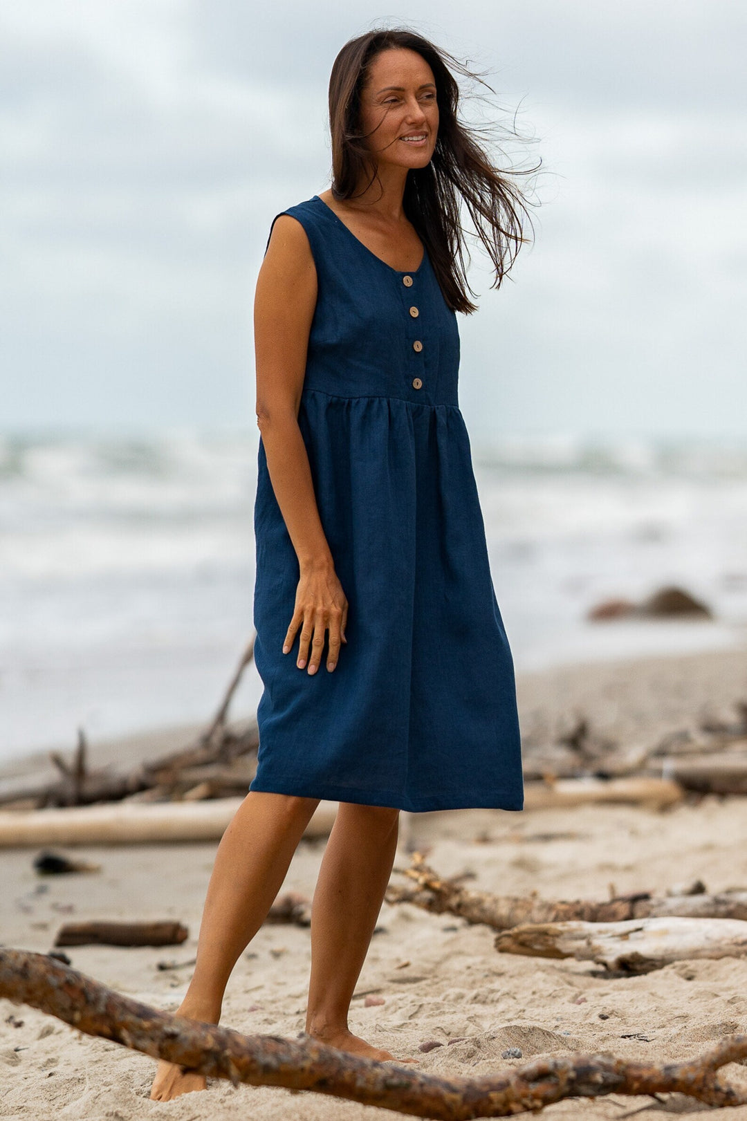 Model In Beach Wears Linen Sleeveless Dress Barbara In Midnight Blue Color 3 - Daily Linen