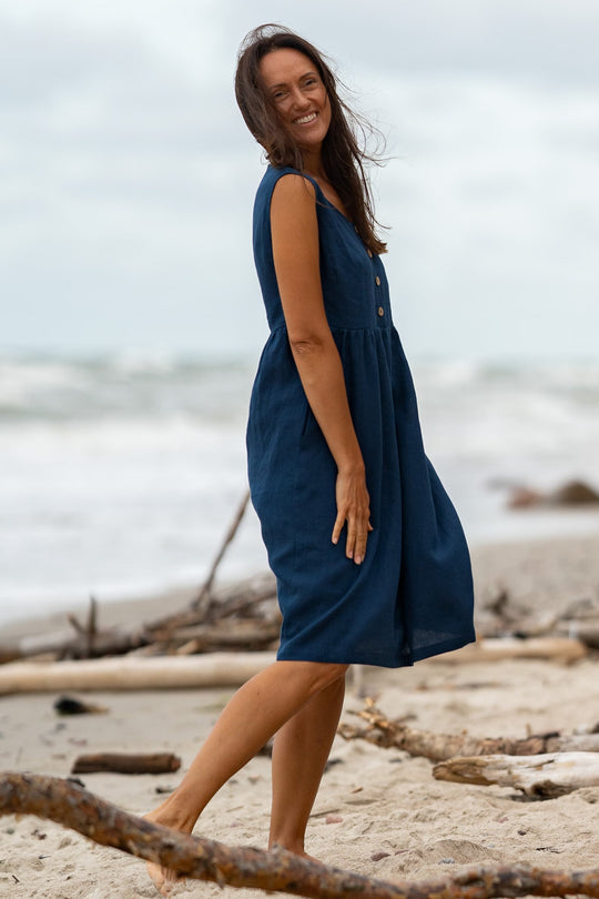 Model In Beach Wears Linen Sleeveless Dress Barbara In Midnight Blue Color 4 - Daily Linen