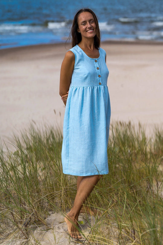 Model In Beach Wears Linen Dress Barbara In Sky Blue Color - Daily Linen