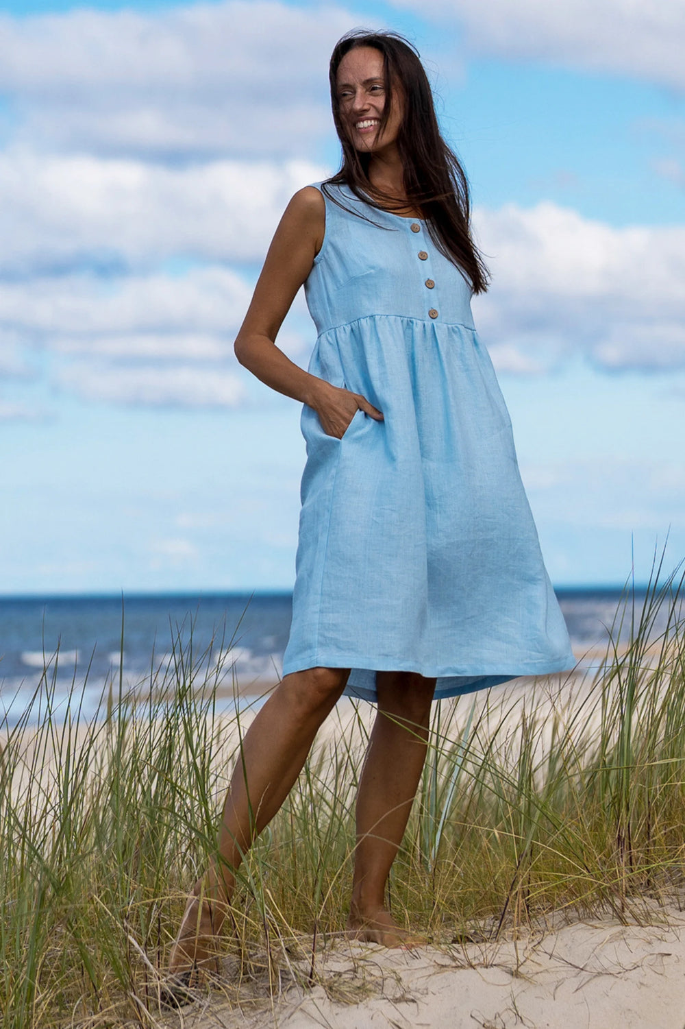 Model In Beach Wears Linen Dress Barbara In Sky Blue Color 1 - Daily Linen