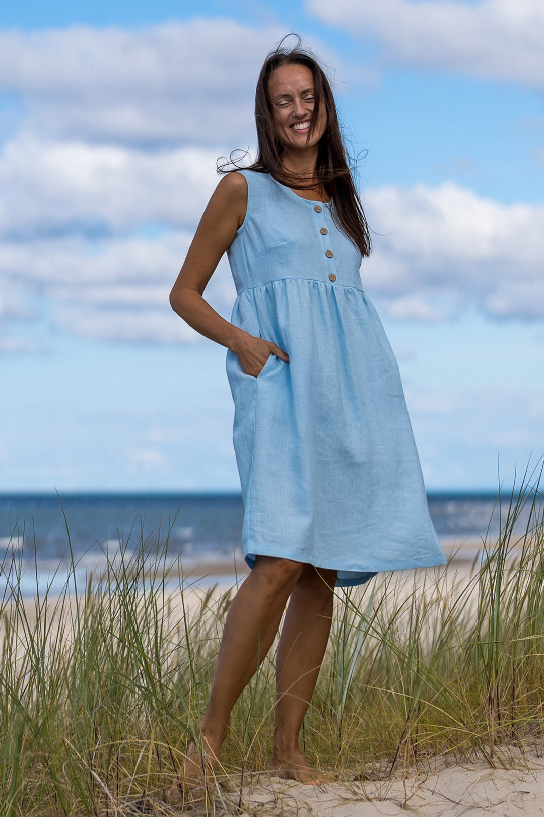 Model In Beach Wears Linen Dress Barbara In Sky Blue Color 3 - Daily Linen