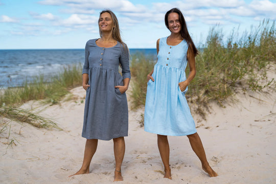 2 Models In Beach Demonstrates Daily Linen Dresses - Daily Linen