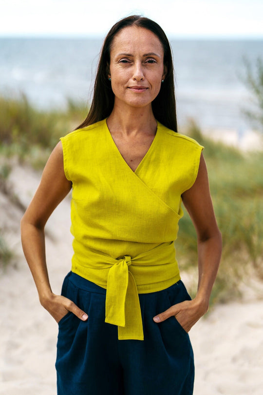 Model Demonstrates Sleeveless Linen Wrap Top Julia in Yellow Color - Daily Linen