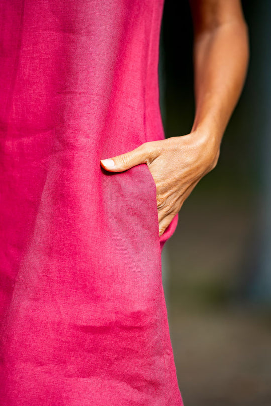 Model In Forest Demonstrates Linen Dress Victoria In Raspberry Color 4 - Daily Linen