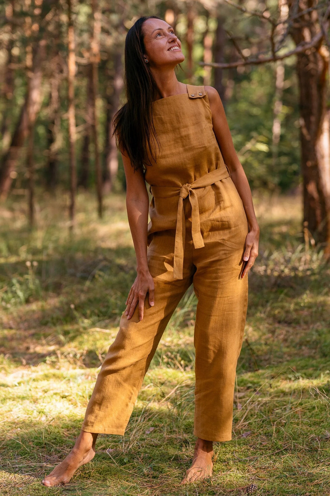 Model Wears Linen Jumpsuit Dicey In Amber Yellow Color 1 - Daily Linen