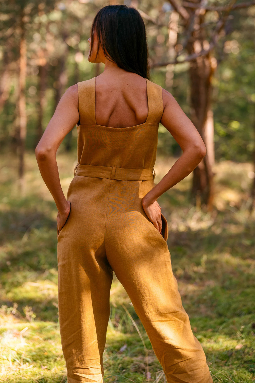 Model Wears Linen Jumpsuit Dicey In Amber Yellow Color 3 - Daily Linen
