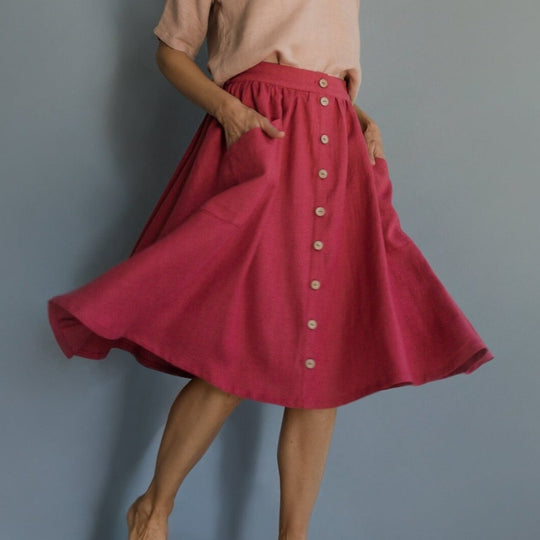 Buttoned front linen skirt capri in raspberry color