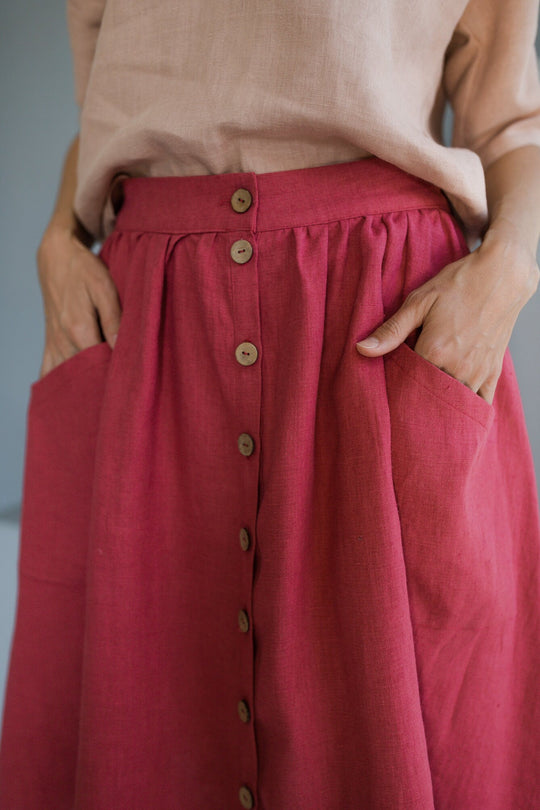 Buttoned front linen skirt capri in raspberry color