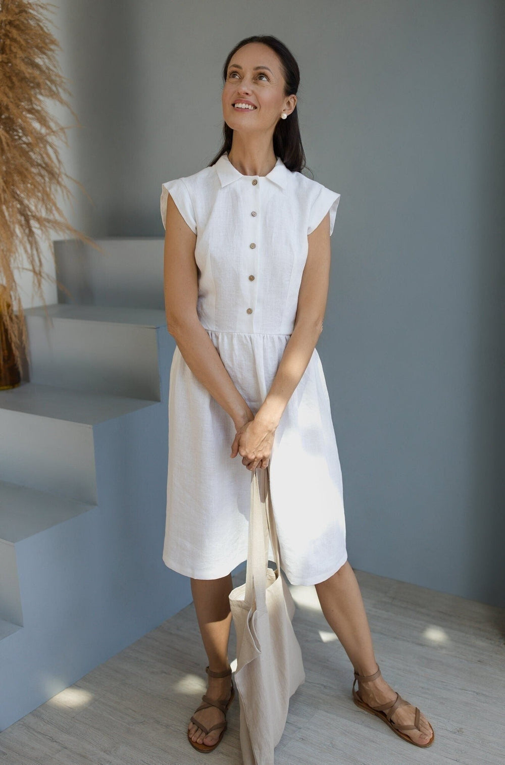 White Color Fitted Buttoned Linen Dress CINDERELLA - Daily Linen