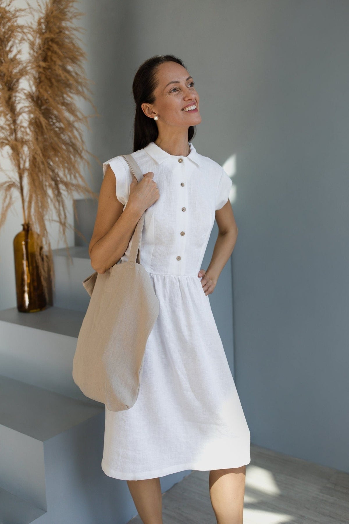 fitted linen dress CINDERELLA In White L / Yellow a standout design detail Launchdate:2025-05-29 Shirt Size:17.5 x 36-37 Women's Comfortable Dark Green