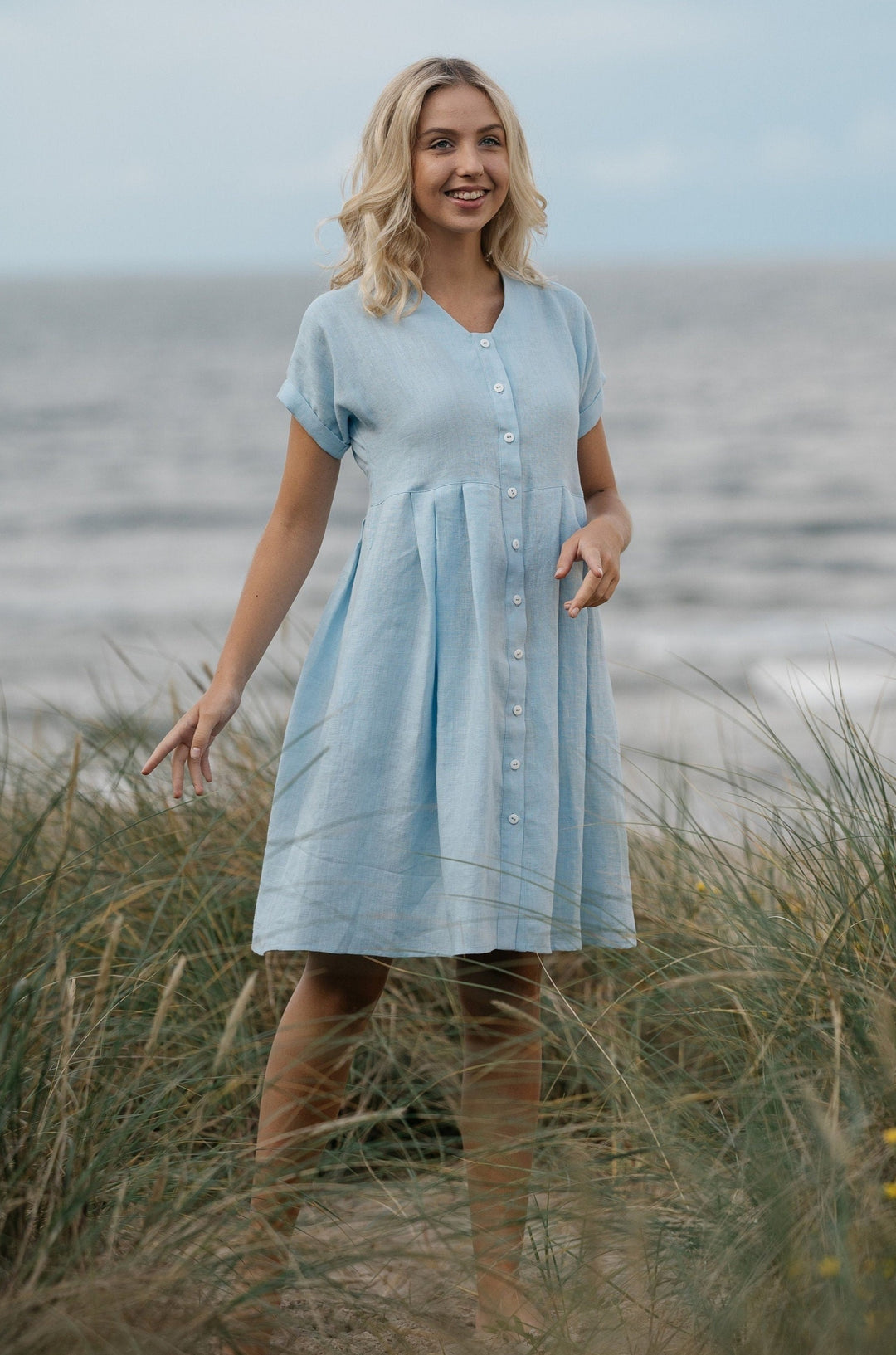 Sky Blue Linen Button Down Dress LAURA - Daily Linen
