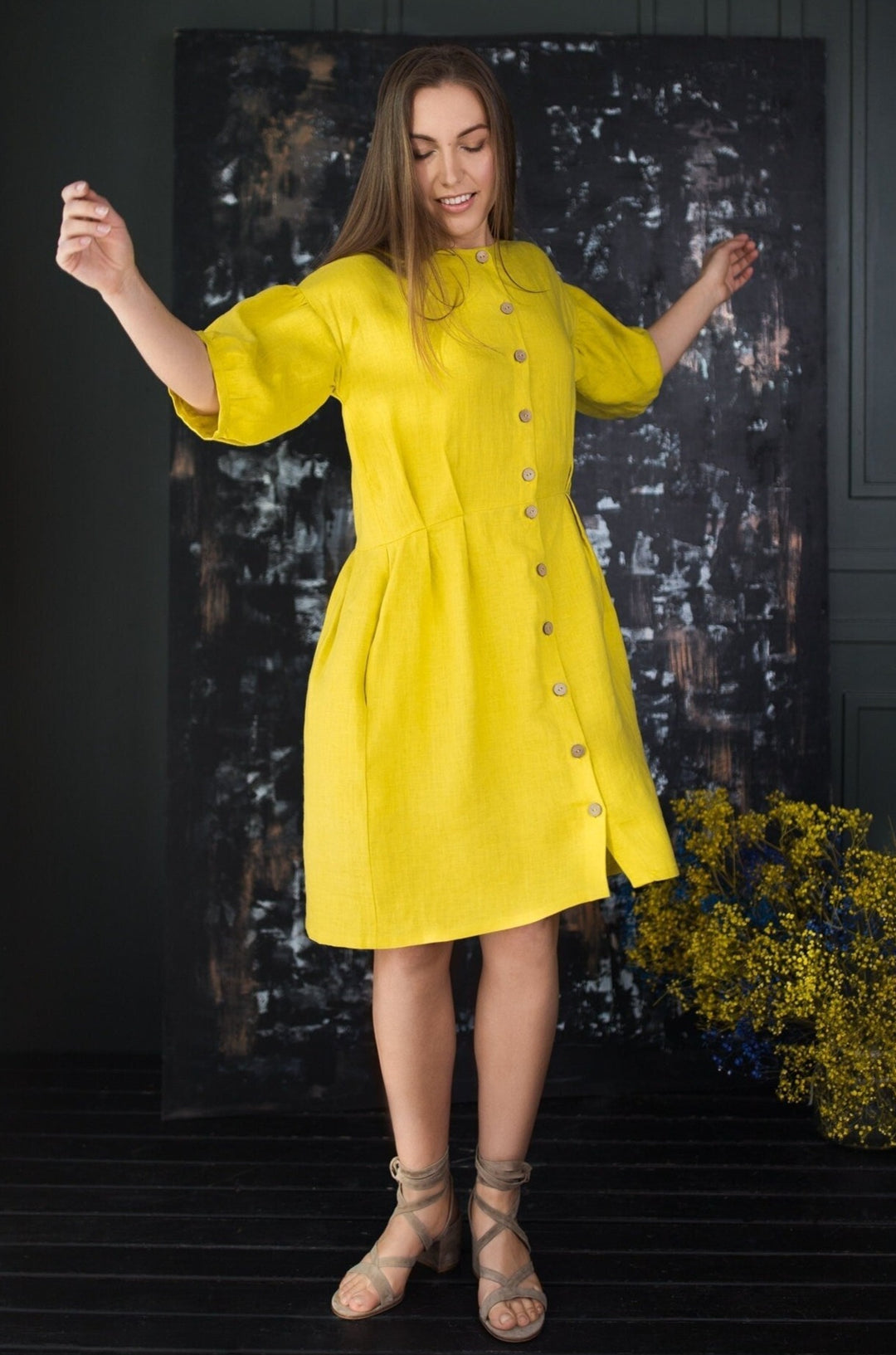 Linen Button Up Dress MONA In Yellow XS / Mustard Linen Button Up Dress MONA In Yellow XS / Mustard