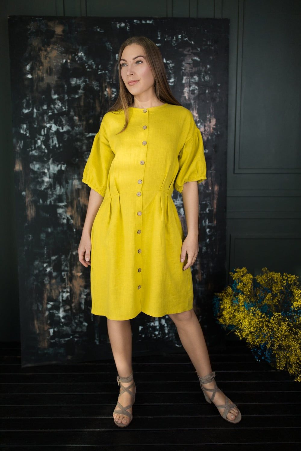 Yellow Linen Button Up Dress Mona 2 - Daily Linen