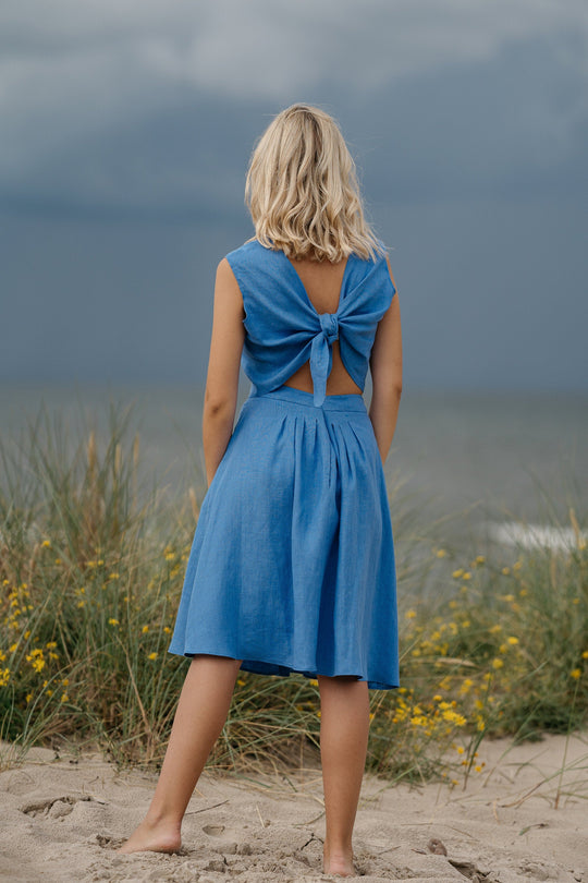 Linen Crop Top With Tie Back ROME In Blue Color 2 - Daily Linen