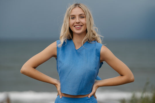 Linen Crop Top With Tie Back ROME In Blue Color 3 - Daily Linen