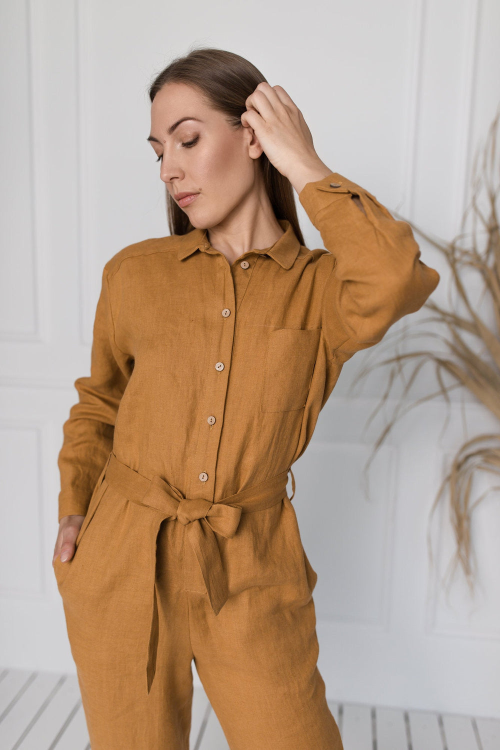 Linen Jumpsuit LUGANO In Amber Yellow Color 1 - Daily Linen