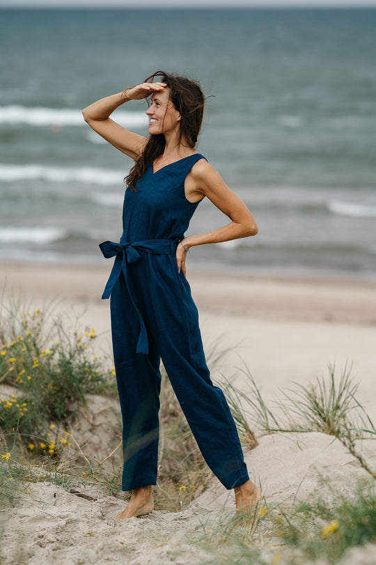 Model Wears Linen Jumpsuit MONACO Midnight Blue Color 1 - Daily Linen