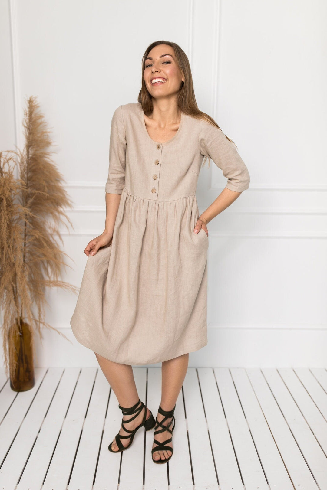 Model Wears Linen Maternity Dress Barbara 3/4 Sleeves In Natural Color 1 - Daily Linen