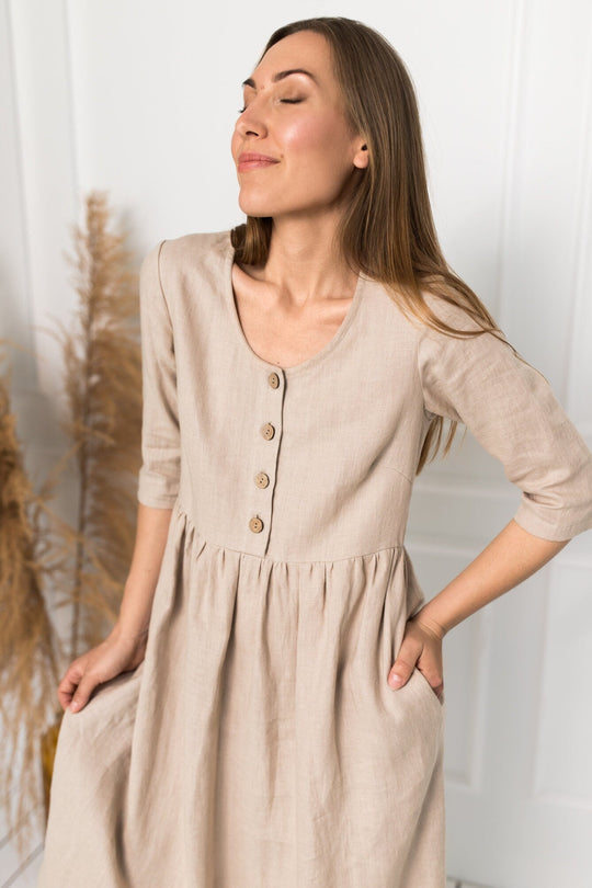 Model Wears Linen Maternity Dress Barbara 3/4 Sleeves In Natural Color 2 - Daily Linen