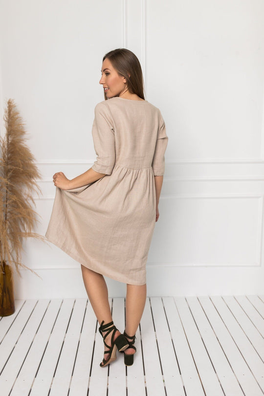 Model Wears Linen Maternity Dress Barbara 3/4 Sleeves In Natural Color 3 - Daily Linen