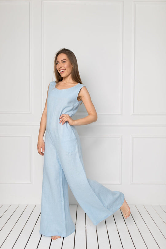 Model Wears Linen Oversized Jumpsuit RAFAELLA In Sky Blue Color 1 - Daily Linen