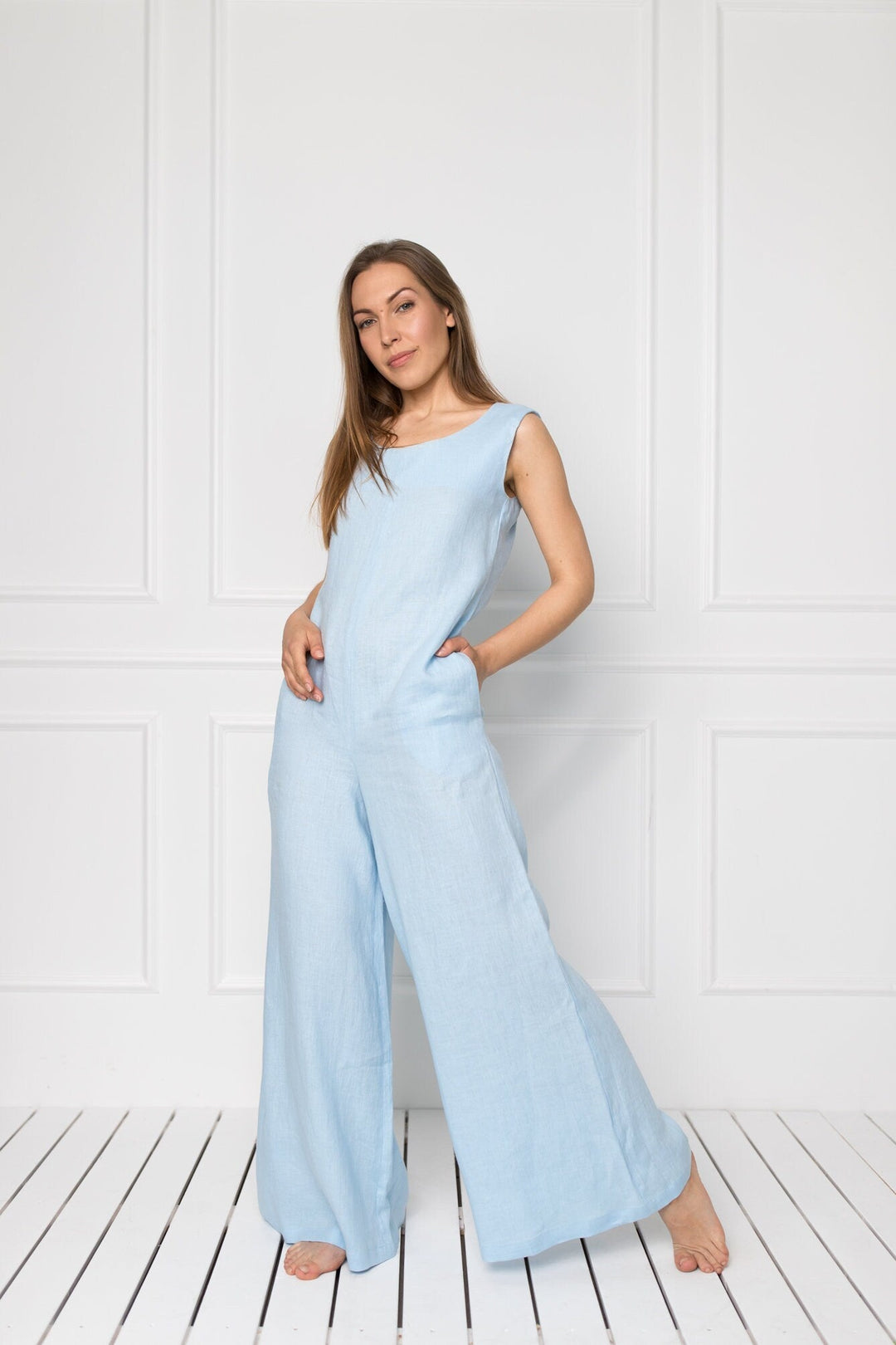 Model Wears Linen Oversized Jumpsuit RAFAELLA In Sky Blue Color 2 - Daily Linen