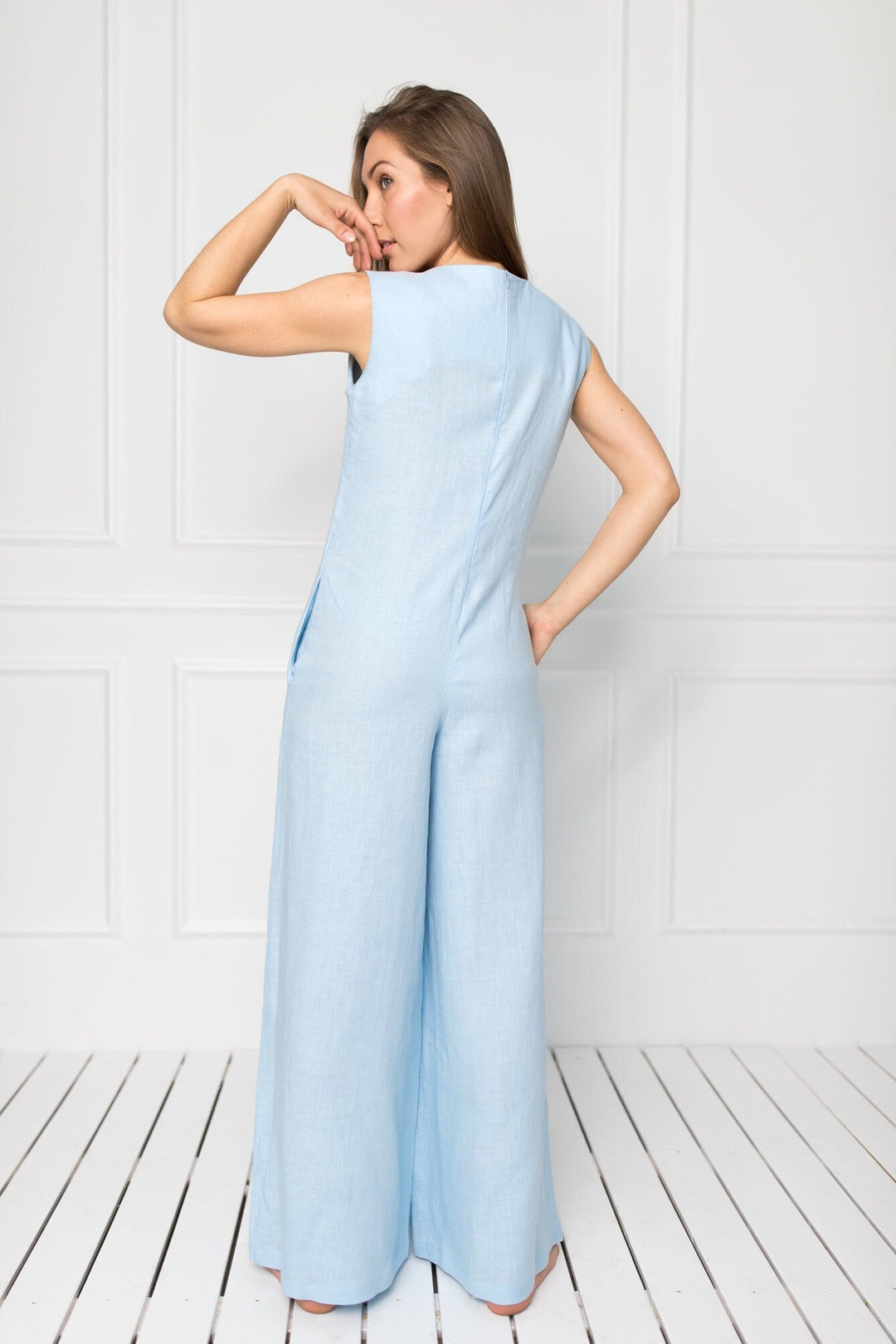 Model Wears Linen Oversized Jumpsuit RAFAELLA In Sky Blue Color 3 - Daily Linen
