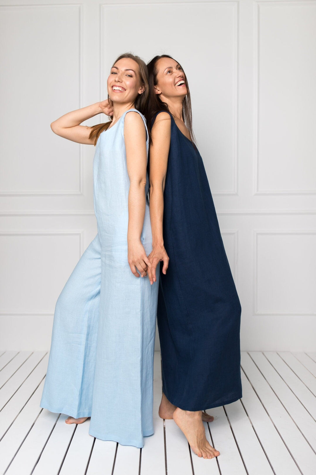 Model Wears Linen Oversized Jumpsuit RAFAELLA In Sky Blue Color 4 - Daily Linen