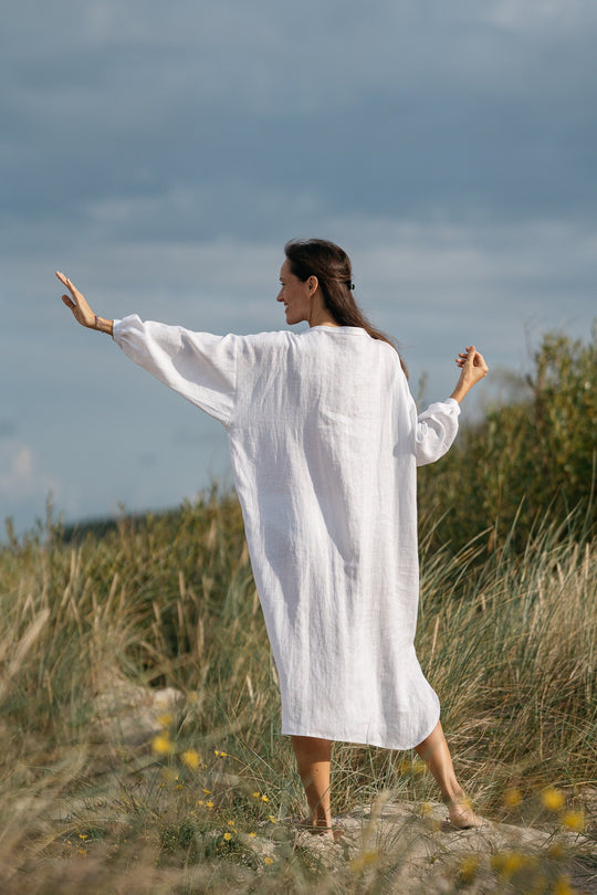 Model Wears Linen Oversized Shirt Dress Nina In White Color 3 - Daily Linen