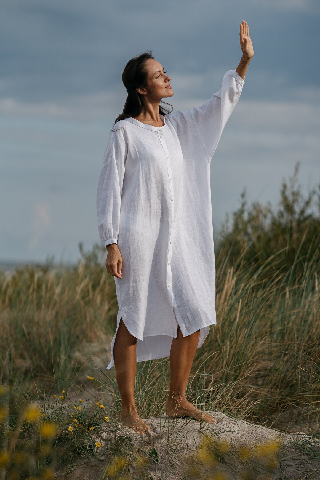 Model Wears Linen Oversized Shirt Dress Nina In White Color 4 - Daily Linen