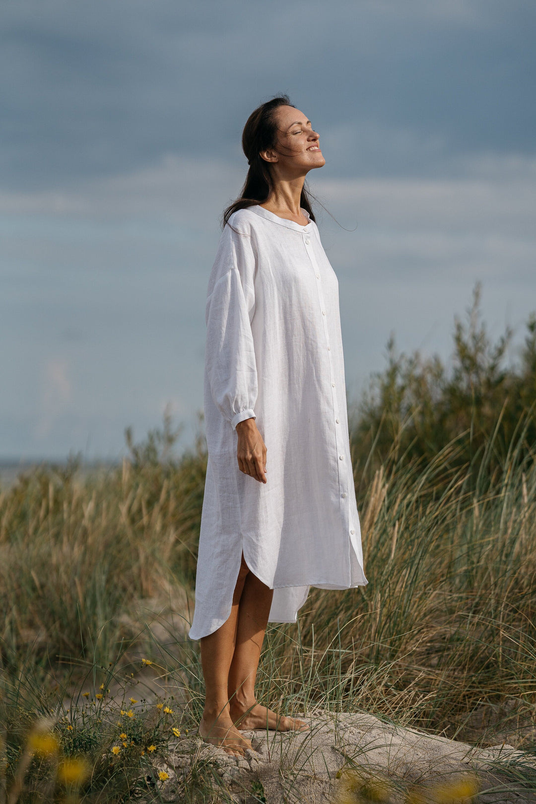 Model Wears Linen Oversized Shirt Dress Nina In White Color 5 - Daily Linen