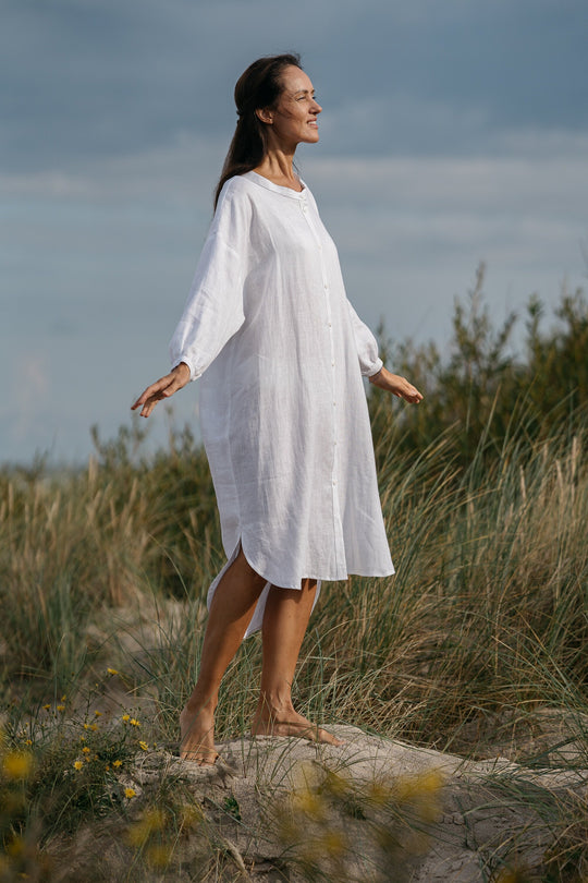 Model Wears Linen Oversized Shirt Dress Nina In White Color 6 - Daily Linen