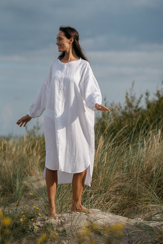 Model Wears Linen Oversized Shirt Dress Nina In White Color 8 - Daily Linen