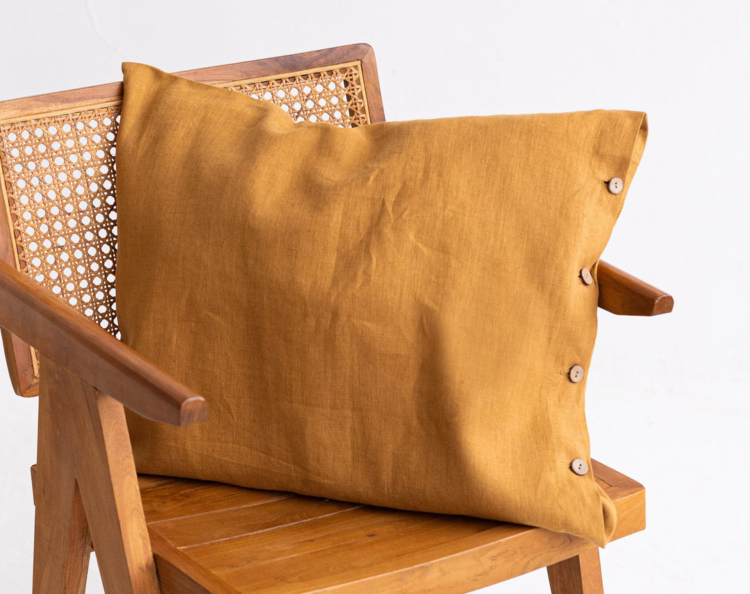 Linen Pillowcase With Buttons In Amber Yellow Color 1 - Daily Linen