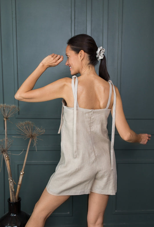 Model Wears Linen Playsuit PANAMA In Natural Color 4 - Daily Linen