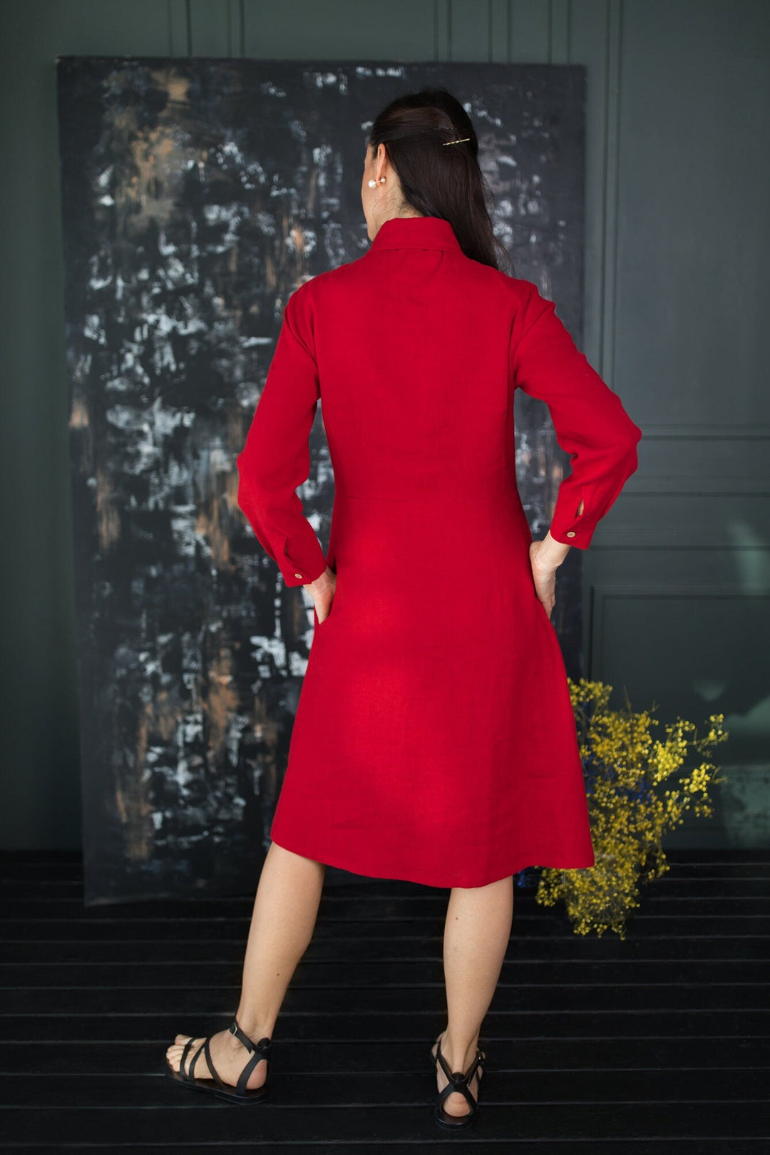 Model Wears Red Linen Dress Valencia 3 - Daily Linen