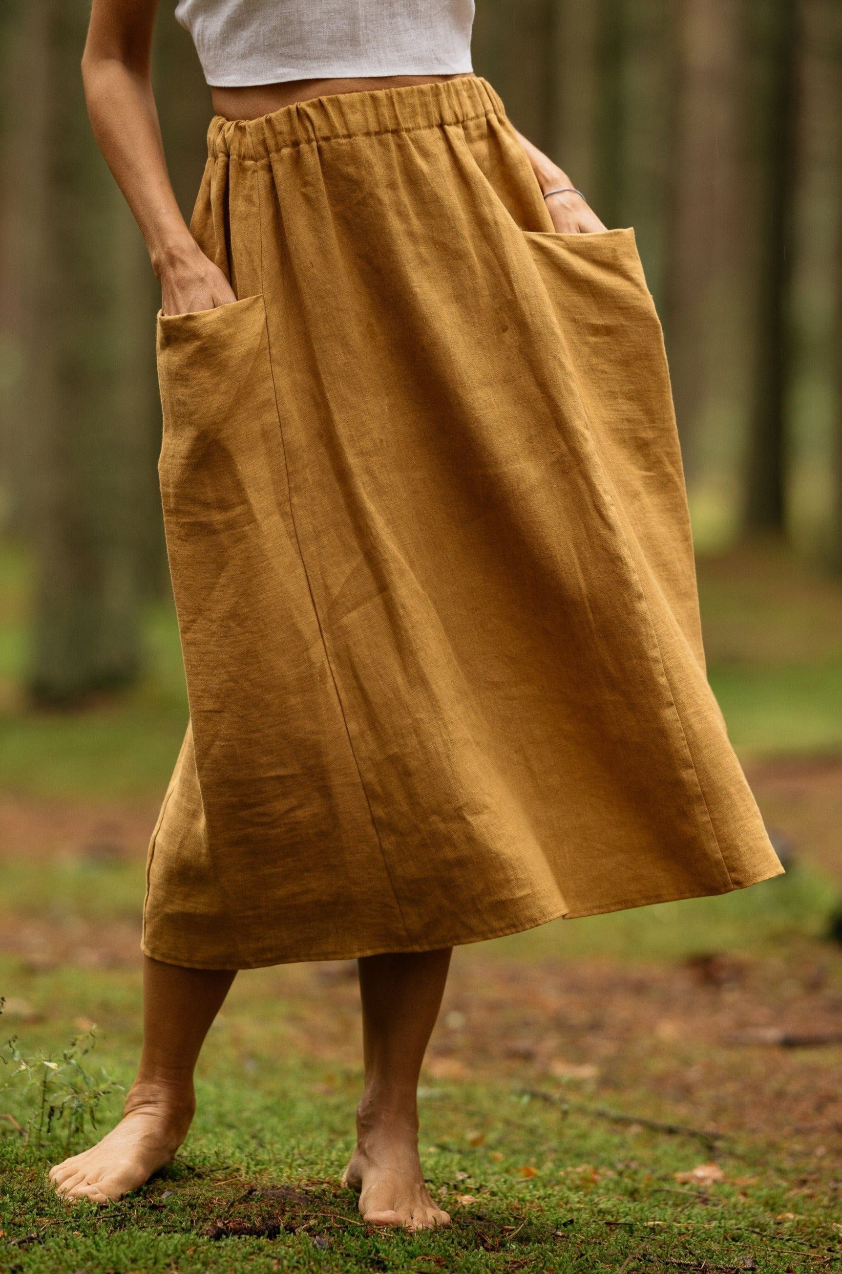 Linen Midi Skirt With Pockets In Amber Yellow Color - Daily Linen