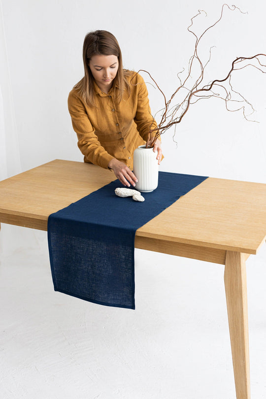 Linen Table Runner On Table In Midnight Blue Color - Daily Linen