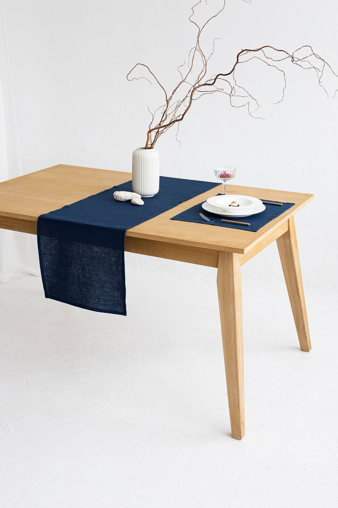 Linen Table Runner On Table In Dark Blue Color - Daily Linen