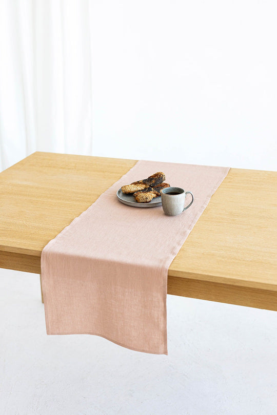 Linen Table Runner On Table In Powder Color 1 - Daily Linen