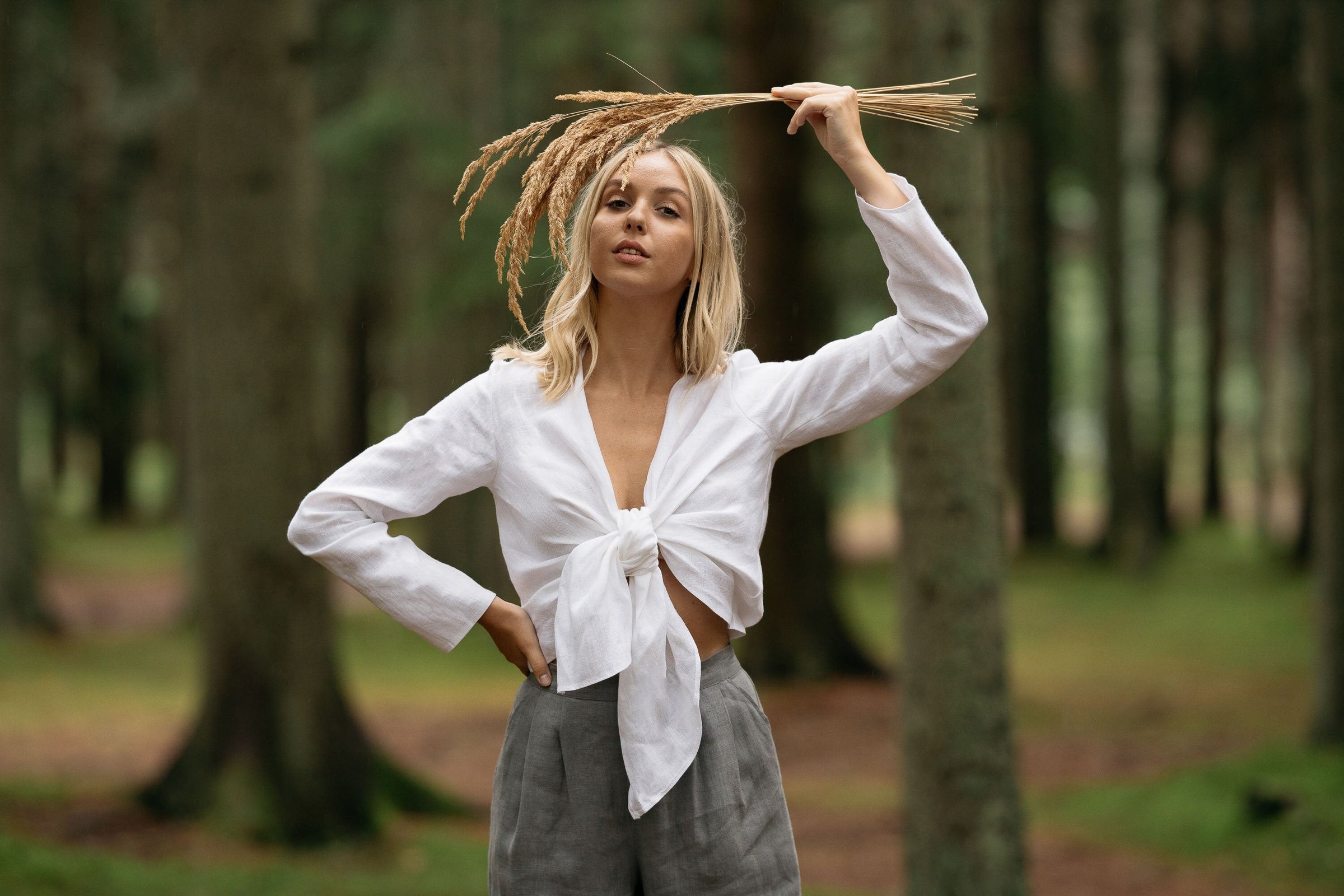 Model Demonstrates White Color Linen Tie Top Dubai - Daily Linen 