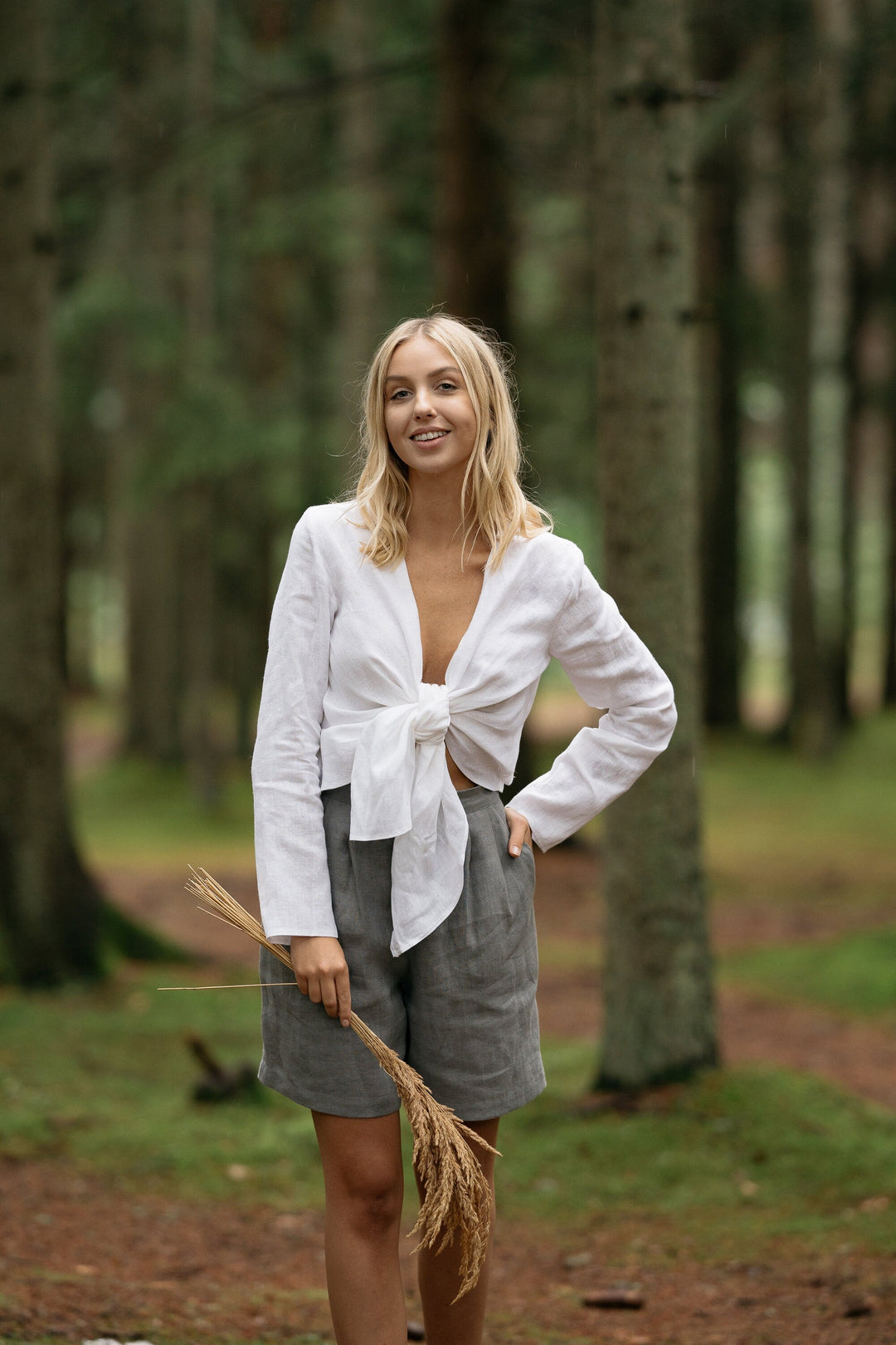 Model Demonstrates White Color Linen Tie Top Dubai 2 - Daily Linen