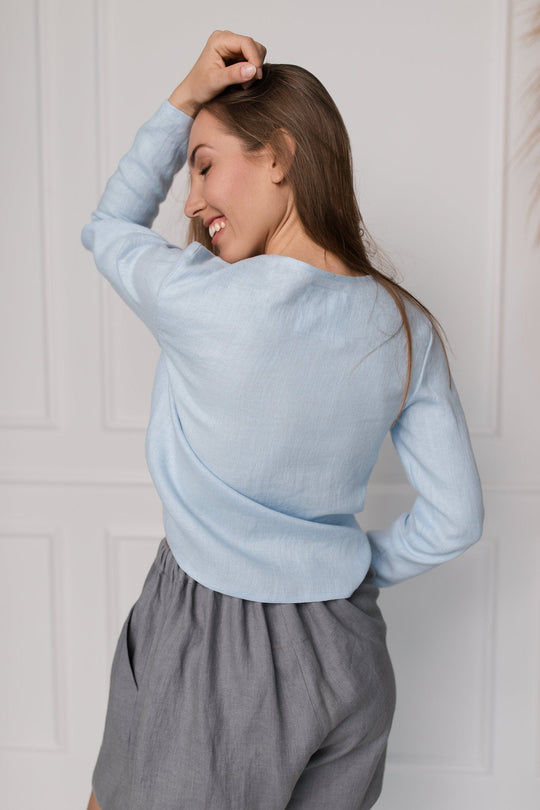 Model Demonstrates Linen Tie Top Dubai In Sky Blue Color 5 - Daily Linen