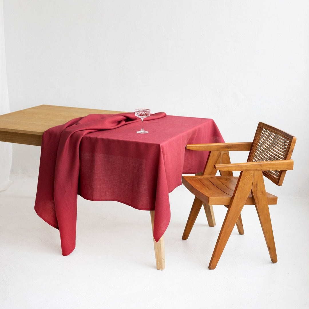 Linen Tablecloth In Raspberry Color Decorated On Table - Daily Linen