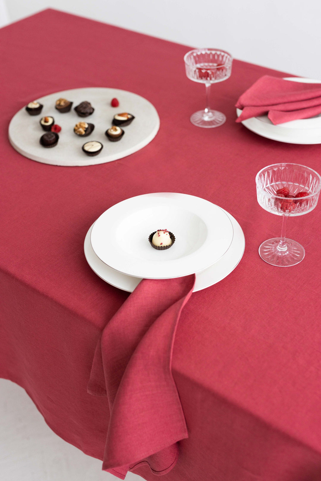 Linen Tablecloth In Raspberry Color Decorated On Table 1 - Daily Linen