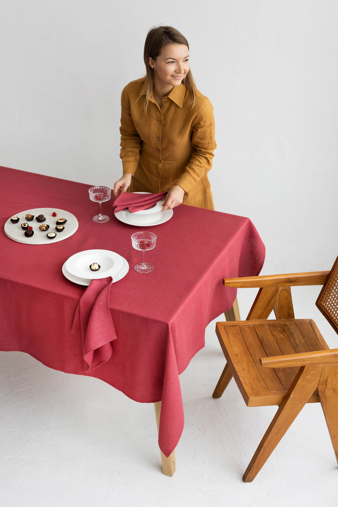 Linen Tablecloth In Raspberry Color Decorated On Table 3 - Daily Linen