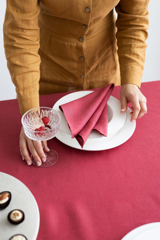 Linen Tablecloth In Raspberry Color Decorated On Table 4 - Daily Linen